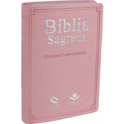 Bíblia Sagrada NAA Capa flexível em couro sintético na cor rosa e beiras prateadas
